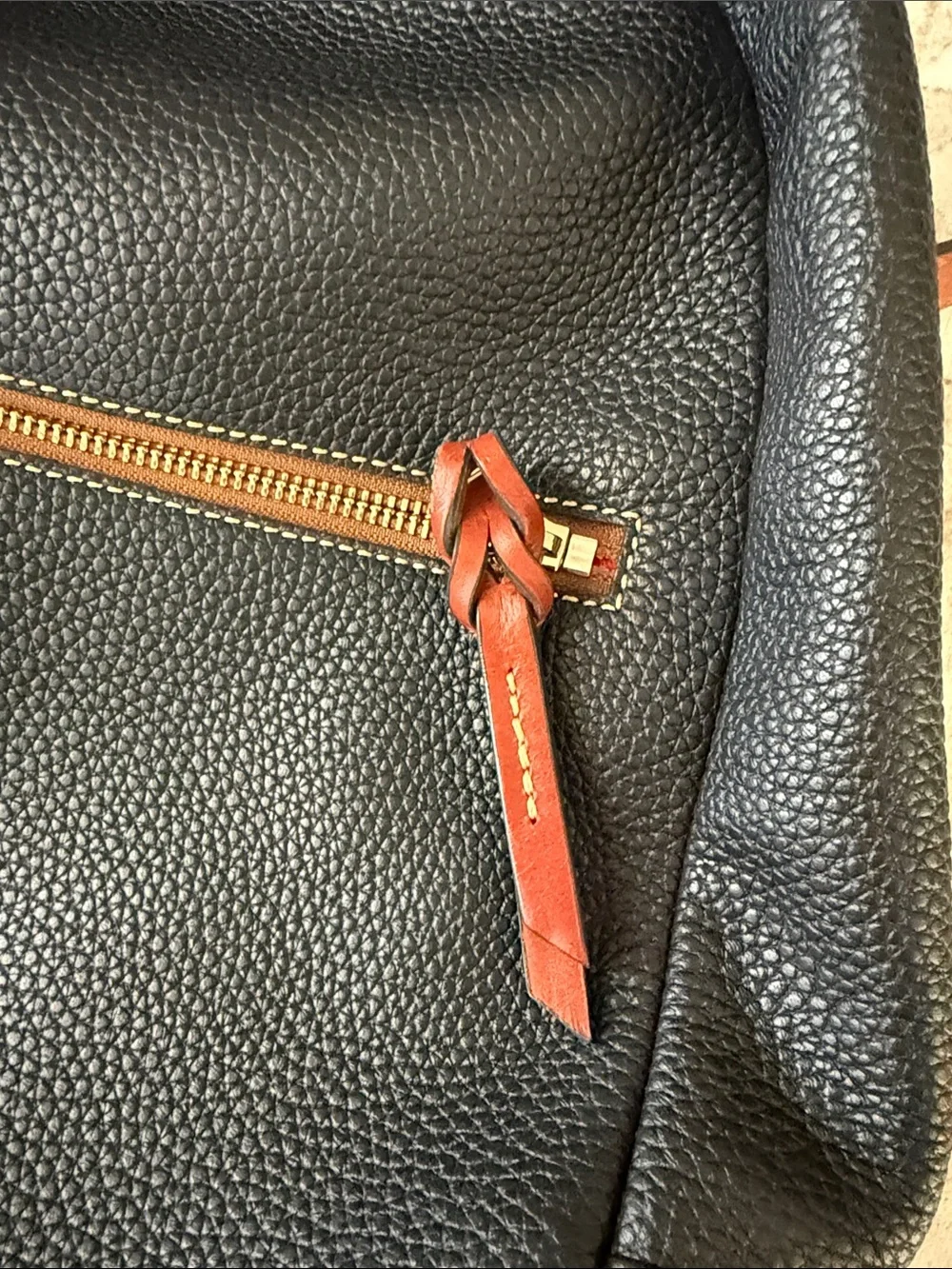 Dooney & Bourke Black Pebbled Leather Shoulder Bag with Brown Trim